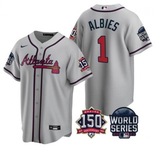 6863d1081ab0a_1 Men's Atlanta Braves #1 Ozzie Albies 2021 Gray World Series With 150th Anniversary Patch Cool Base Stitched Jersey