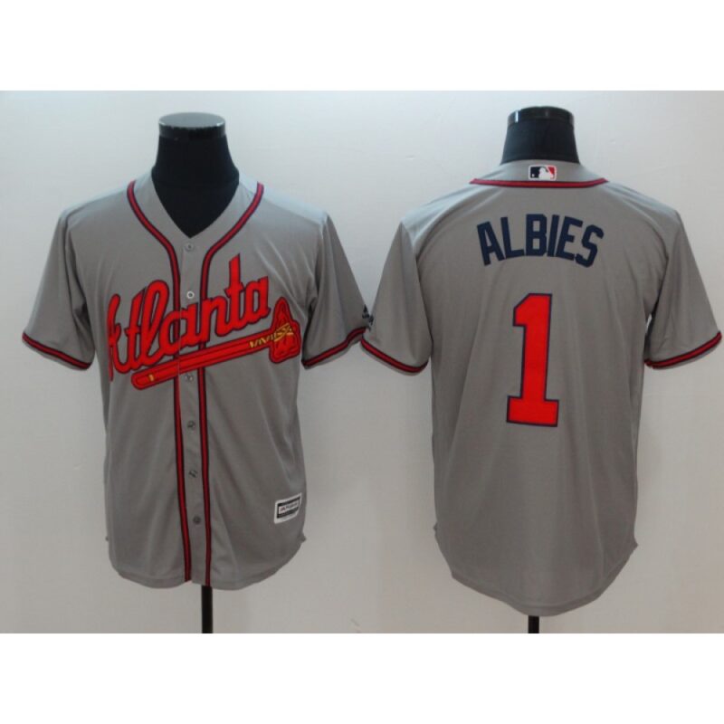 6863d10f6f239_1 Men's Atlanta Braves #1 Ozhaino Albies Grey Flexbase Stitched MLB Jersey