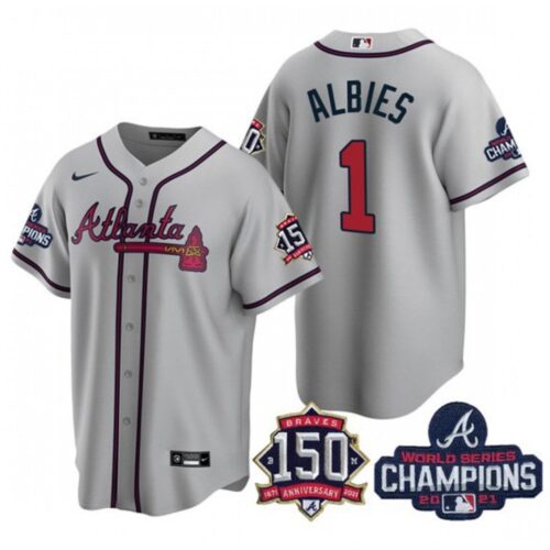 6863d11309216_1 Men's Atlanta Braves #1 Ozzie Albies 2021 Grey World Series Champions With 150th Anniversary Patch Cool Base Stitched Jersey