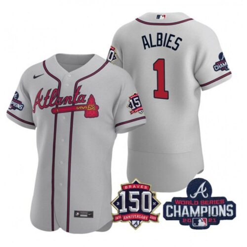 6863d116c36dd_1 Men's Atlanta Braves #1 Ozzie Albies 2021 Grey World Series Champions With 150th Anniversary Flex Base Stitched Jersey