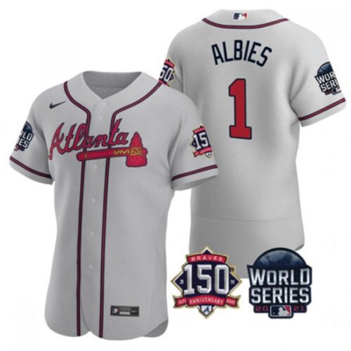 6863d11a9374c_1 Men's Atlanta Braves #1 Ozzie Albies 2021 Grey World Series With 150th Anniversary Patch Stitched Baseball Jersey