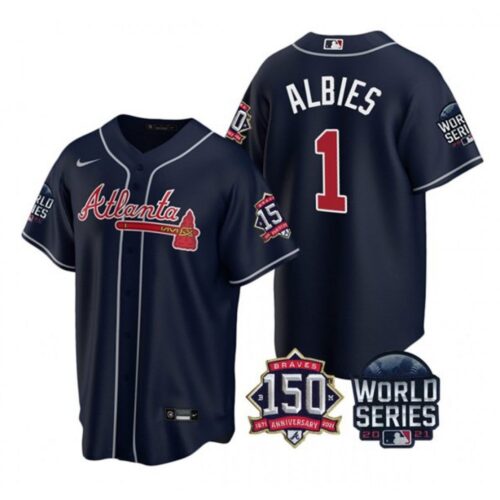 6863d129b1626_1 Men's Atlanta Braves #1 Ozzie Albies 2021 Navy World Series With 150th Anniversary Patch Cool Base Stitched Jersey