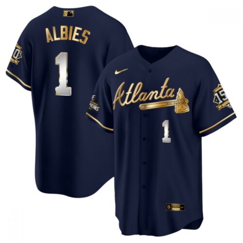 6863d13160247_1 Men's Atlanta Braves #1 Ozzie Albies 2021 Navy/Gold World Series Champions With 150th Anniversary Patch Cool Base Stitched Jersey