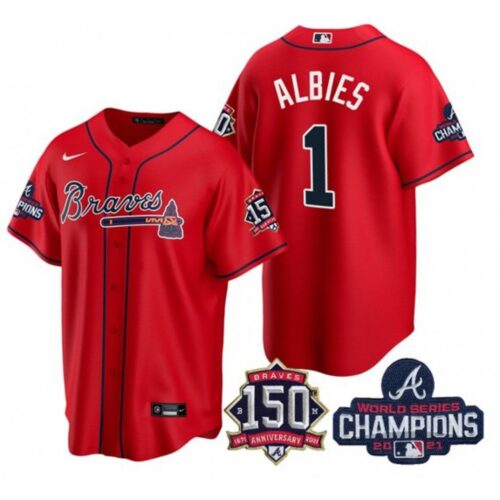 6863d1394b4aa_1 Men's Atlanta Braves #1 Ozzie Albies 2021 Red World Series Champions With 150th Anniversary Patch Cool Base Stitched Jersey