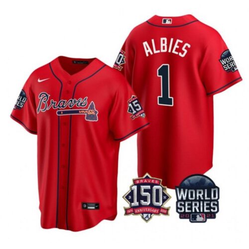6863d13d5c307_1 Men's Atlanta Braves #1 Ozzie Albies 2021 Red World Series With 150th Anniversary Patch Cool Base Stitched Jersey