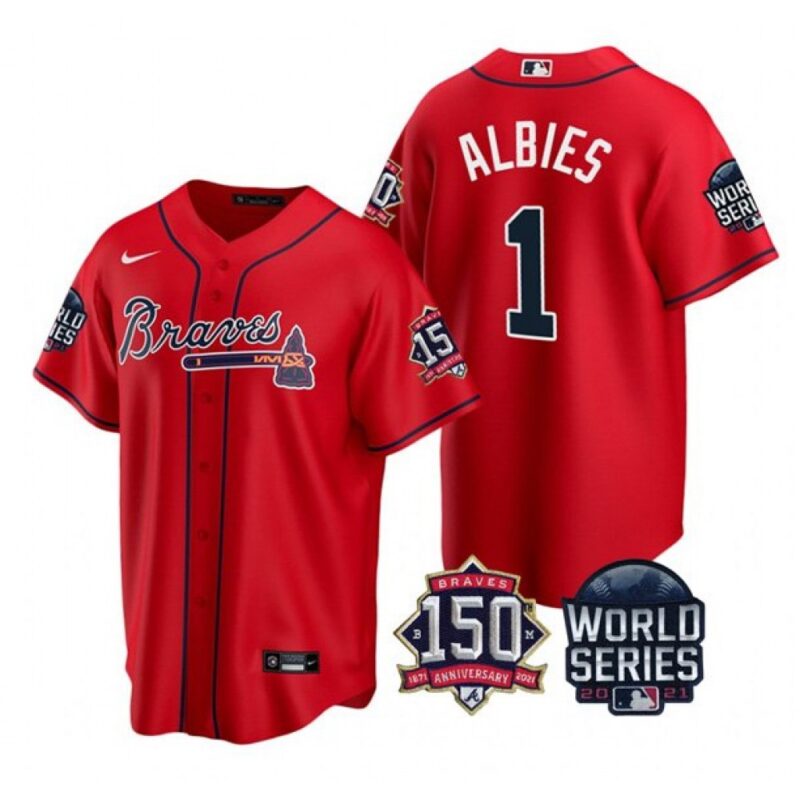 6863d13d5c307_1 Men's Atlanta Braves #1 Ozzie Albies 2021 Red World Series With 150th Anniversary Patch Cool Base Stitched Jersey