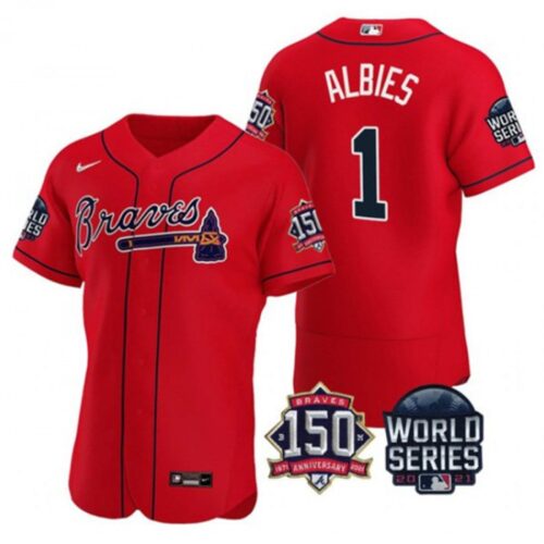6863d1452e960_1 Men's Atlanta Braves #1 Ozzie Albies 2021 Red World Series With 150th Anniversary Patch Stitched Baseball Jersey