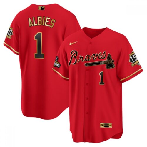 6863d1492ef3b_1 Men's Atlanta Braves #1 Ozzie Albies 2021 Red/Gold World Series Champions With 150th Anniversary Patch Cool Base Stitched Jersey