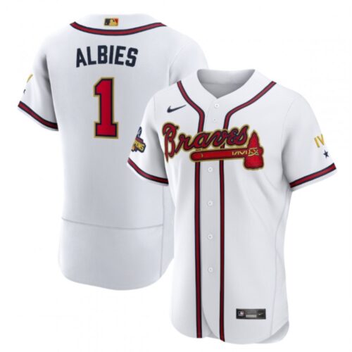 6863d15c0fecf_1 Men's Atlanta Braves #1 Ozzie Albies 2022 White/Gold World Series Champions Program Flex Base Stitched Baseball Jersey