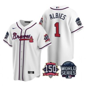 6863d167dedcd_1 Men's Atlanta Braves #1 Ozzie Albies 2021 White World Series With 150th Anniversary Patch Cool Base Stitched Jersey