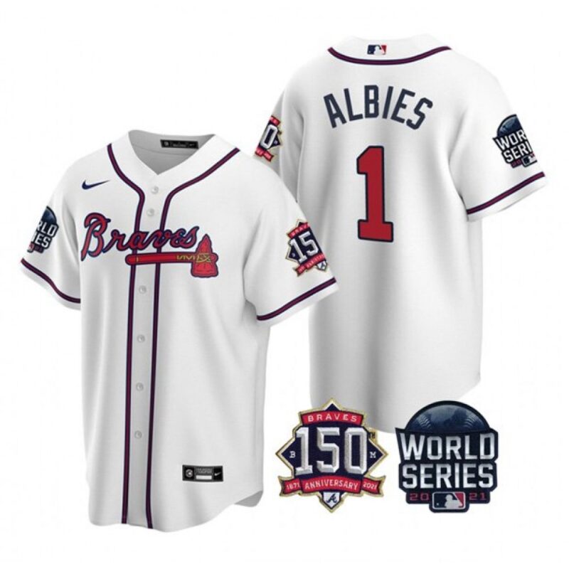 6863d167dedcd_1 Men's Atlanta Braves #1 Ozzie Albies 2021 White World Series With 150th Anniversary Patch Cool Base Stitched Jersey