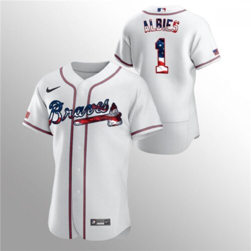 6863d16f59c22_1 Men's Atlanta Braves #1 Ozzie Albies White 2020 Stars & Stripes Flex Base Stitched Jersey