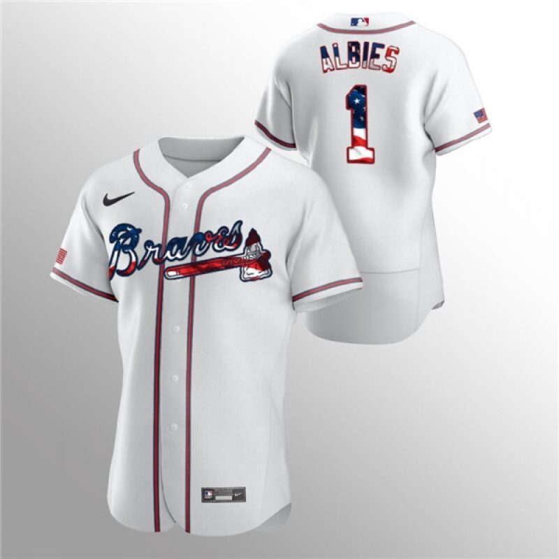 6863d16f59c22_1 Men's Atlanta Braves #1 Ozzie Albies White 2020 Stars & Stripes Flex Base Stitched Jersey