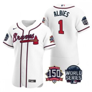 6863d173191bc_1 Men's Atlanta Braves #1 Ozzie Albies 2021 White World Series With 150th Anniversary Patch Stitched Baseball Jersey