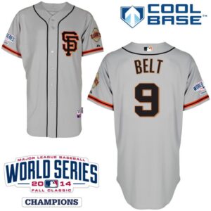 6863d3ce83333_1 Giants #9 Brandon Belt Grey Road 2 Cool Base W/2014 World Series Patch Stitched MLB Jersey
