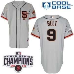 6863d3d27bfd5_1 Giants #9 Brandon Belt Grey Road 2 Cool Base W/2014 World Series Champions Patch Stitched MLB Jersey