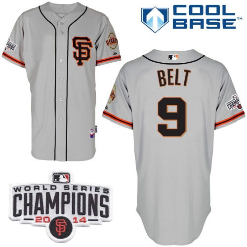 6863d3d27bfd5_1 Giants #9 Brandon Belt Grey Road 2 Cool Base W/2014 World Series Champions Patch Stitched MLB Jersey