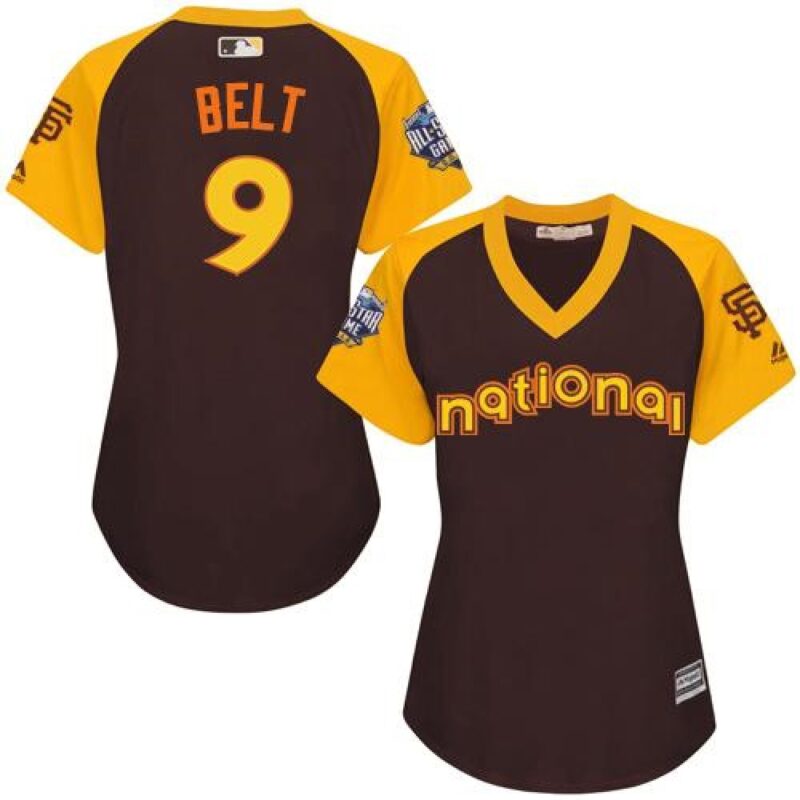 6863d3ecafce5_1 Giants #9 Brandon Belt Brown 2016 All-Star National League Women's Stitched MLB Jersey