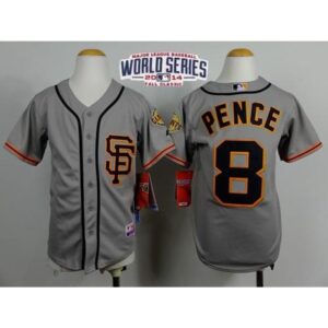 6863d408ae686_1 Giants #8 Hunter Pence Grey Road 2 Cool Base W/2014 World Series Patch Stitched Youth MLB Jersey