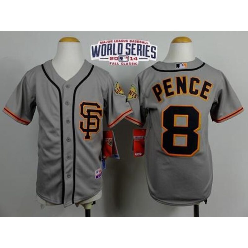 6863d408ae686_1 Giants #8 Hunter Pence Grey Road 2 Cool Base W/2014 World Series Patch Stitched Youth MLB Jersey
