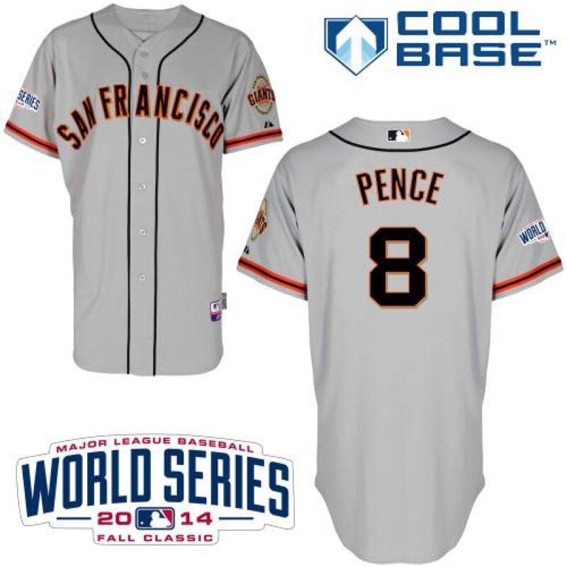 6863d4678c4a5_1 Giants #8 Hunter Pence Grey Road Cool Base W/2014 World Series Patch Stitched MLB Jersey