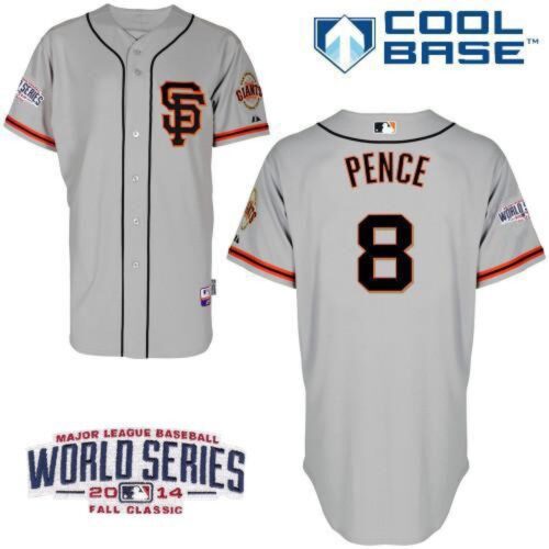 6863d46b5aa0a_1 Giants #8 Hunter Pence Grey Road 2 Cool Base W/2014 World Series Patch Stitched MLB Jersey
