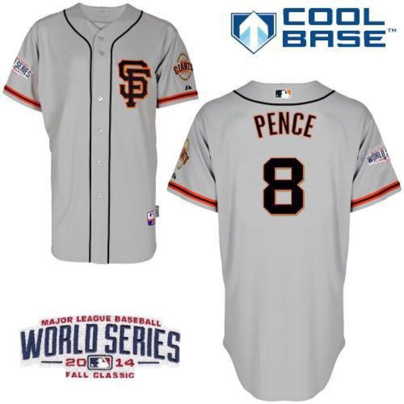 6863d46b5aa0a_1 Giants #8 Hunter Pence Grey Road 2 Cool Base W/2014 World Series Patch Stitched MLB Jersey