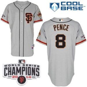 6863d46f34140_1 Giants #8 Hunter Pence Grey Road 2 Cool Base W/2014 World Series Champions Patch Stitched MLB Jersey