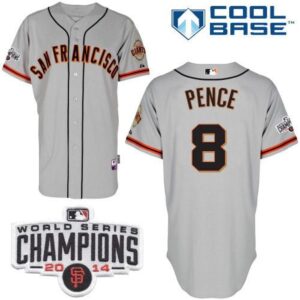 6863d4730e151_1 Giants #8 Hunter Pence Grey Road Cool Base W/2014 World Series Champions Patch Stitched MLB Jersey