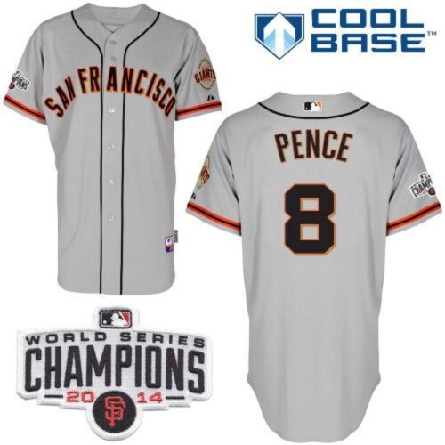 6863d4730e151_1 Giants #8 Hunter Pence Grey Road Cool Base W/2014 World Series Champions Patch Stitched MLB Jersey