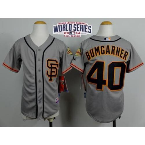 6863d5bec4866_1 Giants #40 Madison Bumgarner Grey Road 2 Cool Base W/2014 World Series Patch Stitched Youth MLB Jersey
