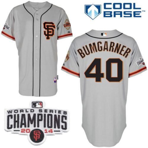 6863d6315277b_1 Giants #40 Madison Bumgarner Grey Road 2 Cool Base W/2014 World Series Champions Patch Stitched MLB Jersey