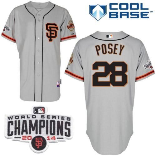 6863d7feb578f_1 Giants #28 Buster Posey Grey Road 2 Cool Base W/2014 World Series Champions Patch Stitched MLB Jersey