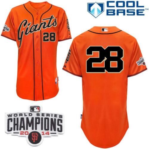 6863d81be6b28_1 Giants #28 Buster Posey Orange W/2014 World Series Champions Patch Stitched MLB Jersey