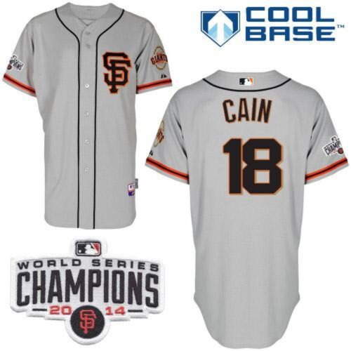 6863d9f6e2f75_1 Giants #18 Matt Cain Grey Cool Base Road 2 W/2014 World Series Champions Patch Stitched MLB Jersey