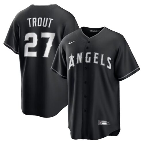 6863dba551fc7_1 Youth Los Angeles Angels #27 Mike Trout Nike Black Lights Out Replica Player Jersey
