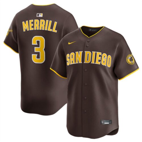 6863ddc423e02_1 Men's San Diego Padres #3 Jackson Merrill Brown 2024 Away Limited Stitched Baseball Jersey