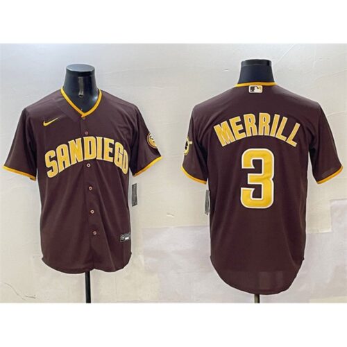 6863ddc7cc572_1 Men's San Diego Padres #3 Jackson Merrill Brown Cool Base Stitched Baseball Jersey