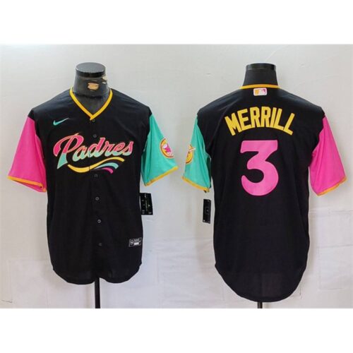 6863de1b02741_1 Men's San Diego Padres #3 Jackson Merrill Black City Connect Cool Base Stitched Baseball Jersey