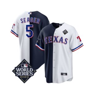 6863defe2e619_1 Men's Texas Rangers & Cowboys #5 Corey Seager Navy/White 2023 World Series Splite Stitched Baseball Jersey