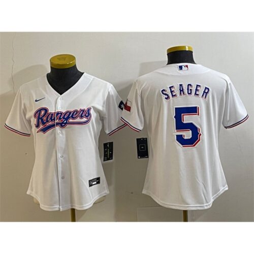 6863df19eaa53_1 Women's Texas Rangers #5 Corey Seager White With Patch Stitched Baseball Jersey(Run Small)
