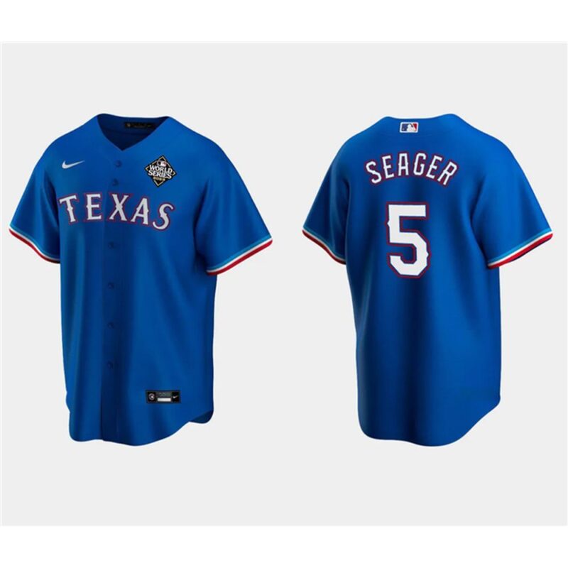 6863df447a18e_1 Men's Texas Rangers #5 Corey Seager Royal 2023 World Series Stitched Baseball Jersey