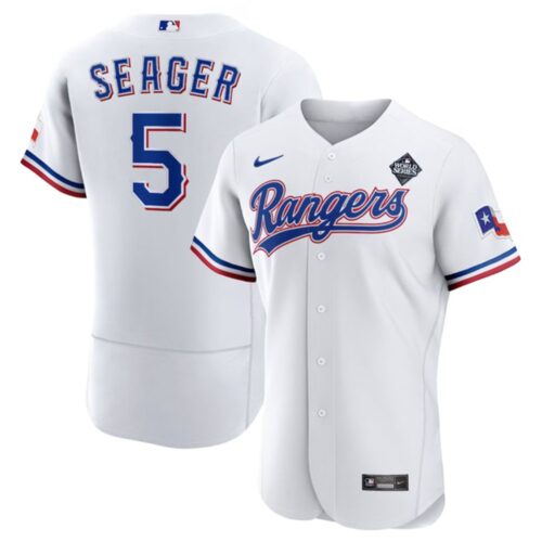 6863df571bd76_1 Men's Texas Rangers #5 Corey Seager White 2023 World Series Flex Base Stitched Baseball Jersey