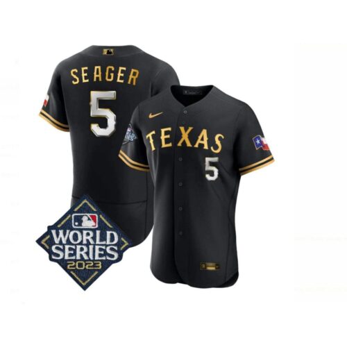 6863df750a779_1 Men's Texas Rangers #5 Corey Seager Black Gold 2023 World Series Flex Base Stitched Baseball Jersey