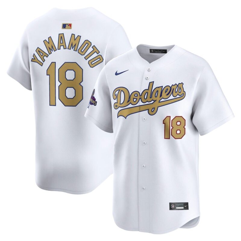 6863e09f6cb57_1 Youth Los Angeles Dodgers #18 Yoshinobu Yamamoto White 2025 Gold Collection Limited Jersey