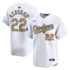 6863e0a237dd1_1 Youth Los Angeles Dodgers #22 Clayton Kershaw White 2025 Gold Collection Limited Jersey