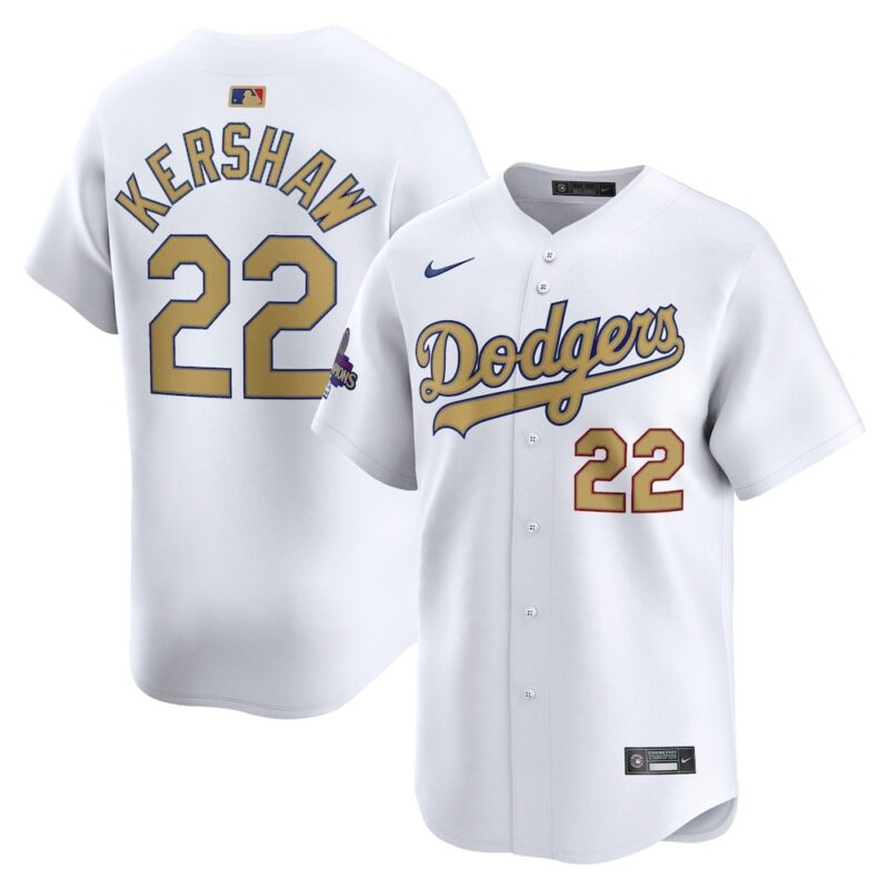 6863e0a237dd1_1 Youth Los Angeles Dodgers #22 Clayton Kershaw White 2025 Gold Collection Limited Jersey