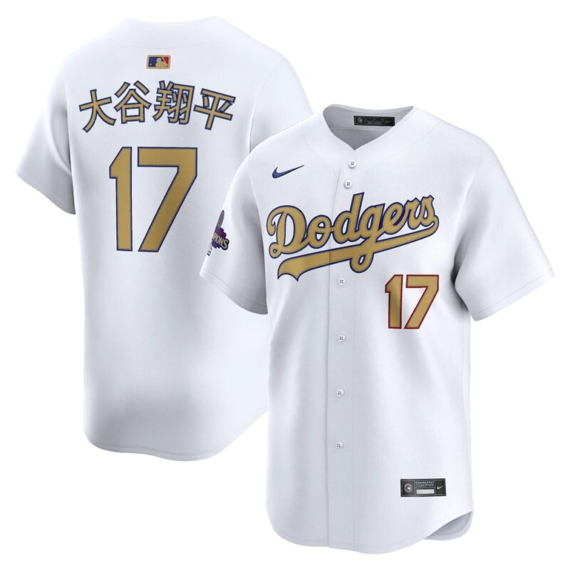 6863e0cae5d02_1 Men's Los Angeles Dodgers #17 Shohei Ohtani White 2025 Gold Collection Kanji Limited Jersey