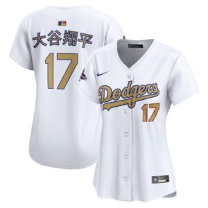 6863e0ce11657_1 Women's Los Angeles Dodgers #18 Shohei Ohtani White 2025 Gold Collection Kanji Limited Jersey