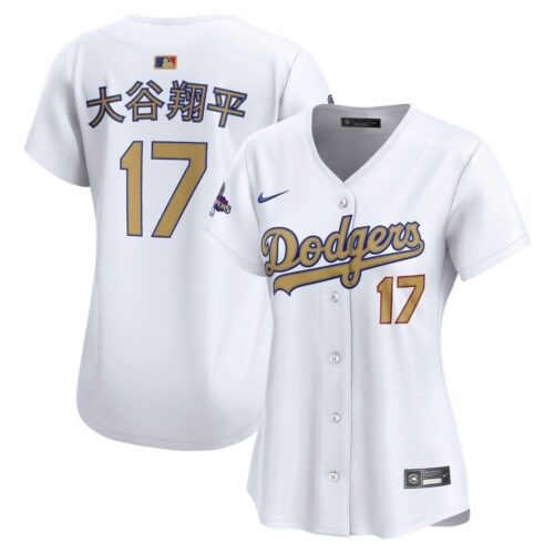 6863e0ce11657_1 Women's Los Angeles Dodgers #18 Shohei Ohtani White 2025 Gold Collection Kanji Limited Jersey